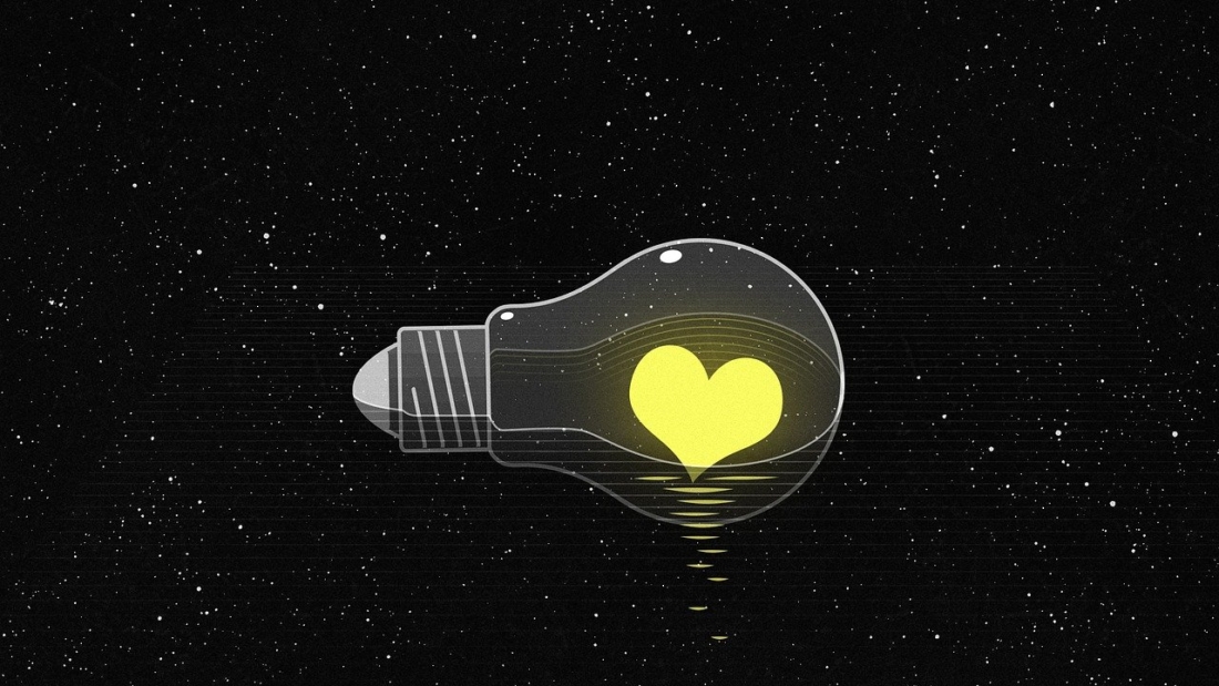 light bulb, heart, universe